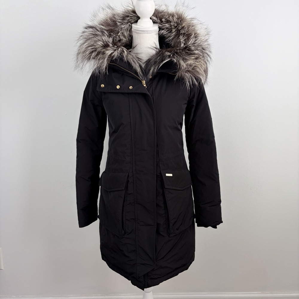 Woolrich John Rich & Bros Women XS Black Down Parka Real Fox Fur Hood Jacket